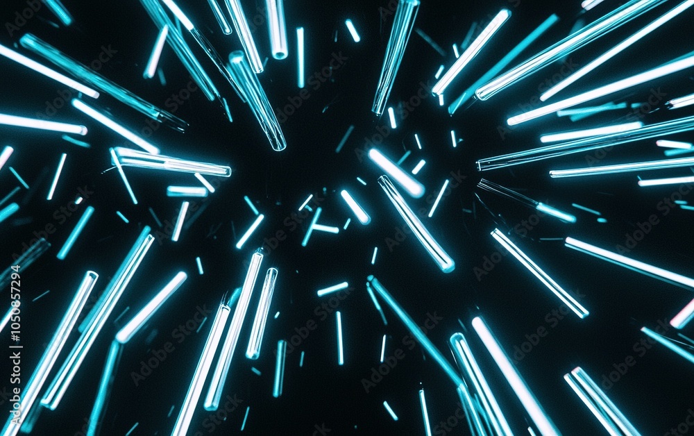Poster dynamic blue light streaks radiate from a central point in a dark space, creating an energetic and v