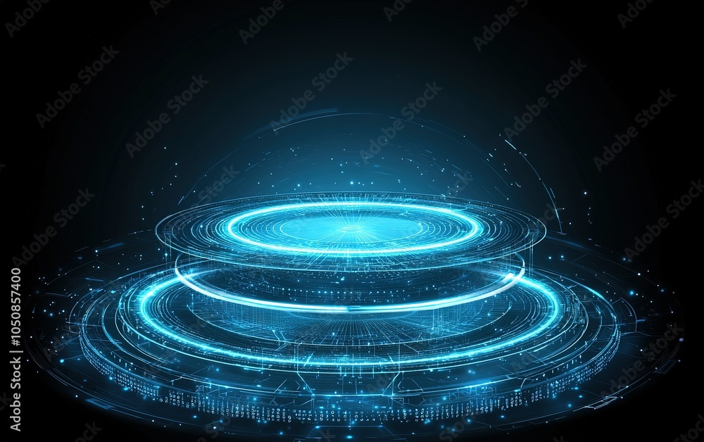 Poster futuristic glowing digital interface design with concentric circles and data patterns in a dark sett