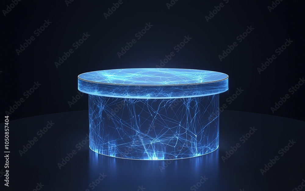 Poster glowing futuristic cylindrical table design with electric blue patterns in a darkened setting