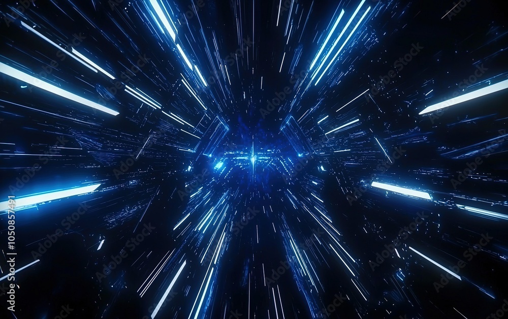 Poster futuristic warp speed visual with glowing blue lines in a dark space environment conveying motion an
