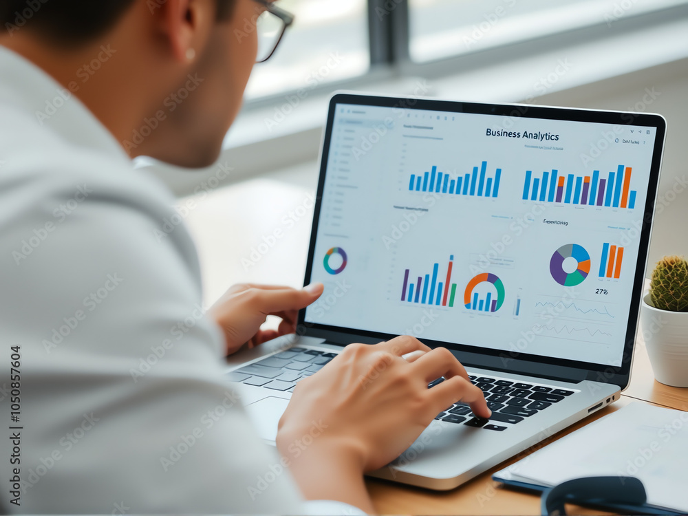 Aufkleber business analytics concept of a data analyst creating graphs and analyzing data on a laptop at a mod
