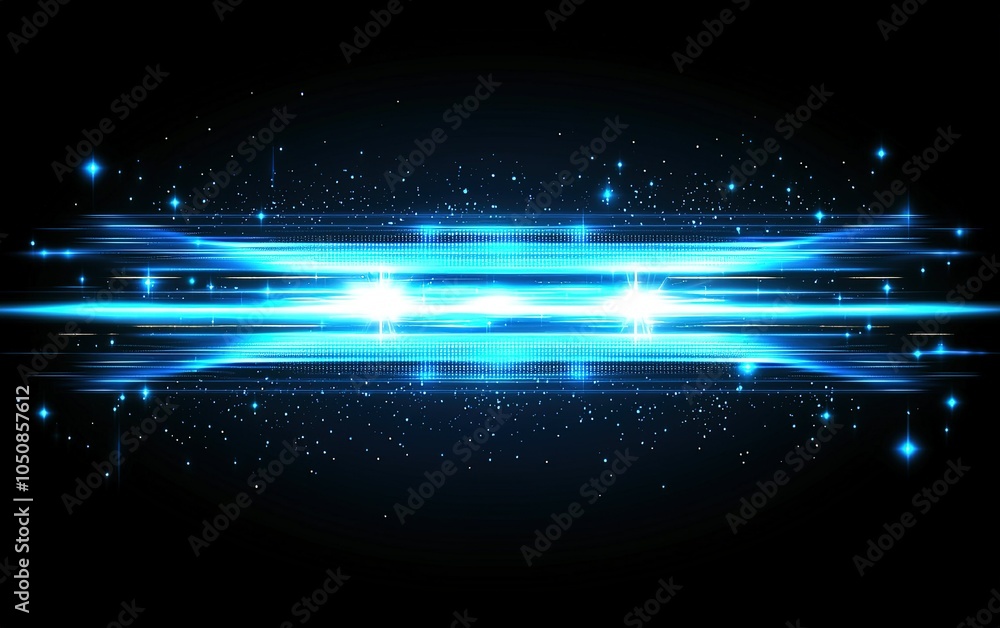 Poster bright blue energy waves oscillating in a dark background, creating a dynamic visual effect during a