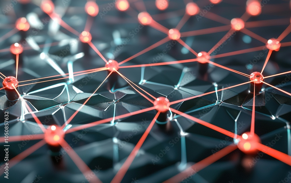 Poster abstract representation of a neural network structure with glowing nodes and interconnected lines, s