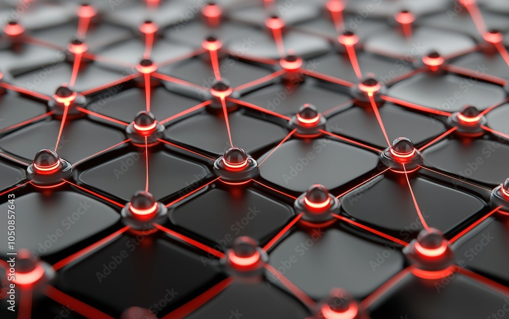Poster close-up view of a modern textured surface with glowing red lines and droplets showcasing advanced d
