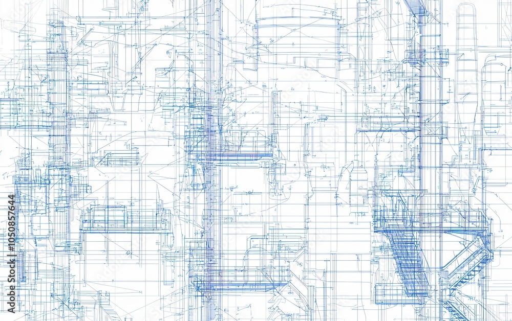 Poster blueprint design of an industrial facility showcasing intricate piping and structural elements in a 