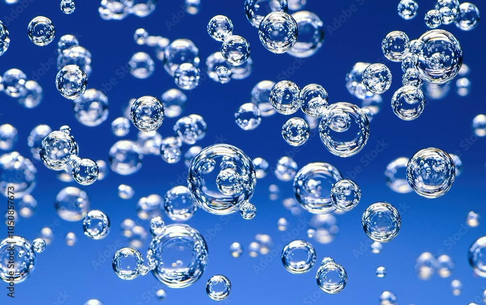 Poster bubbles floating in a deep blue background create a serene underwater atmosphere during daylight