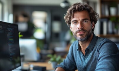 Fototapeta premium Young businessman in office working on computer, Generative AI