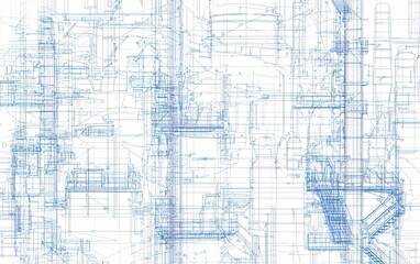 Obraz premium Blueprint design of an industrial facility showcasing intricate piping and structural elements in a detailed, technical layout