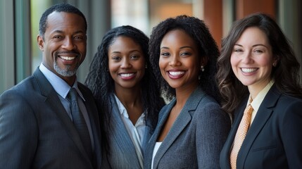 Obraz premium Multi-ethnic business team smiling in office, Generative AI