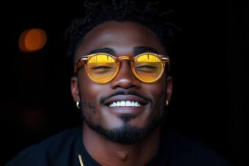 Obraz premium black male model 25 years old with yellow glasess, very short Textured Crop, powdery haircolour, smiling, dark plain Background