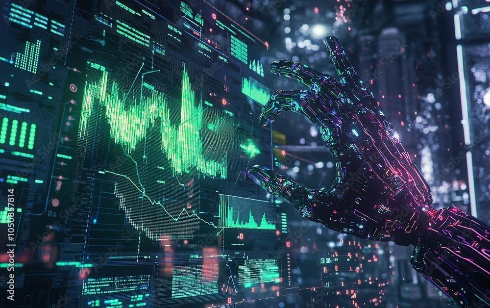 Poster a futuristic robotic hand interacts with digital data visualization in a high-tech environment at ni