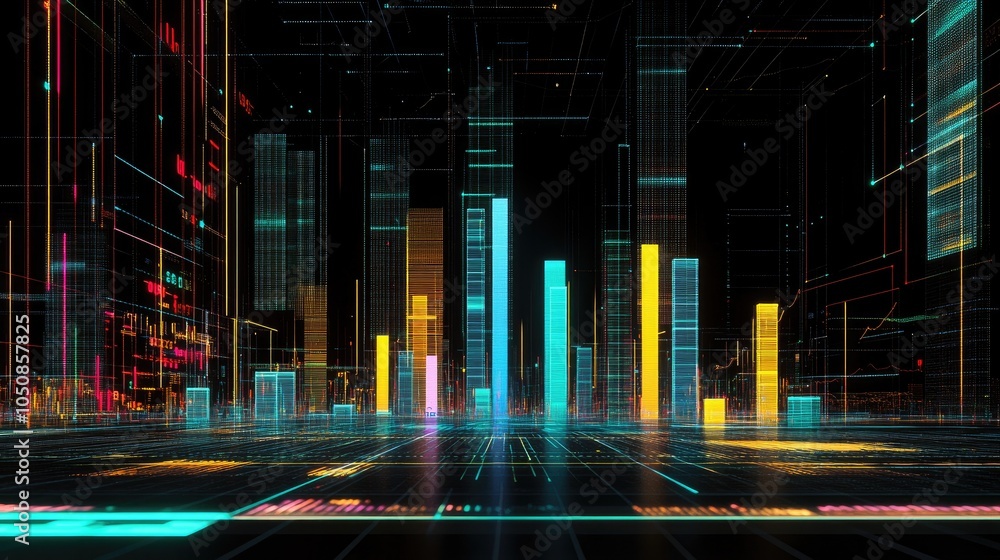 Poster digital cityscape with colorful data visualization