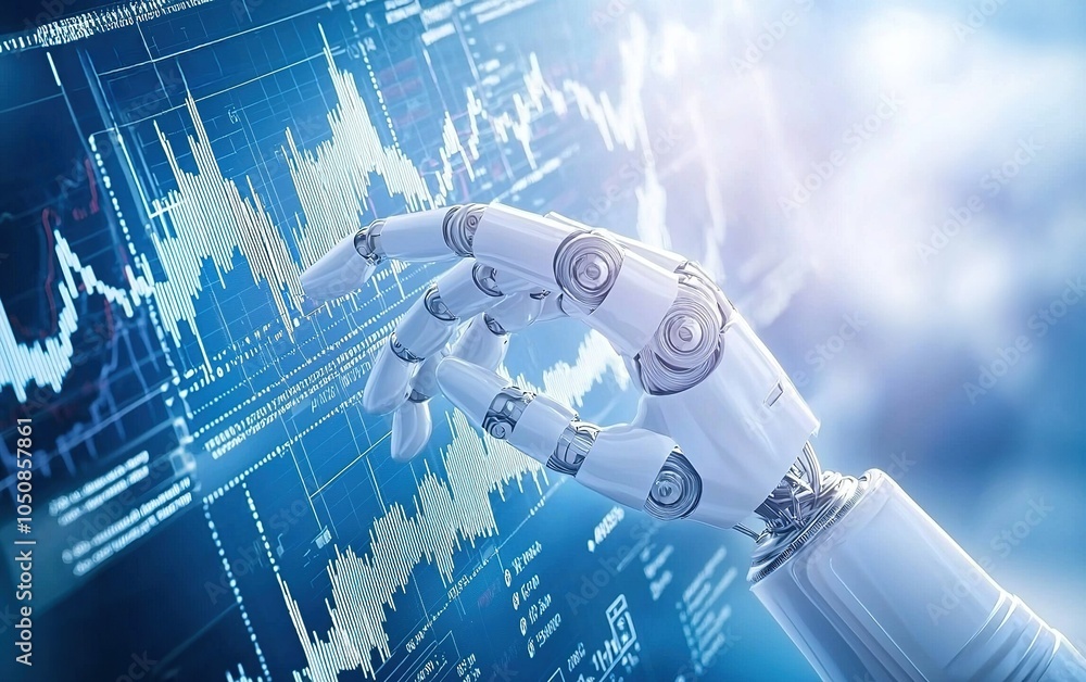 Aufkleber a robotic hand interacting with digital stock market data on a futuristic interface at a technology 
