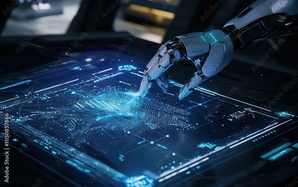 Poster a robotic hand interacting with a futuristic holographic interface in a high-tech environment