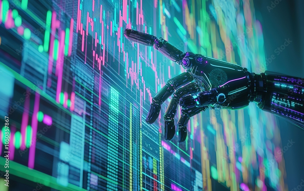 Poster a robotic hand interacts with vibrant data visualizations on a digital screen in a futuristic tech e