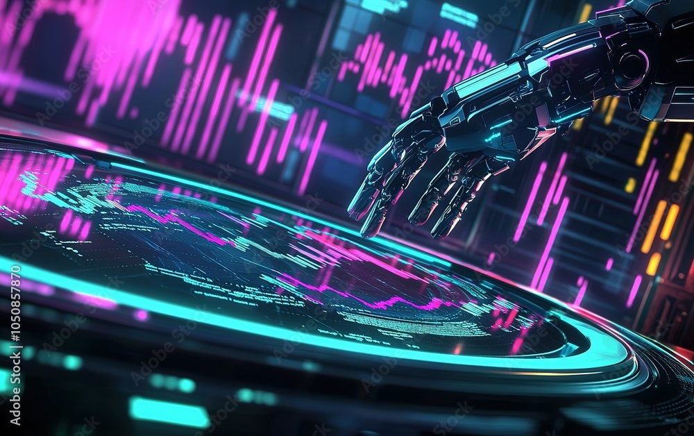 Poster a robotic hand interacts with a digital interface displaying vibrant data visualizations in a futuri