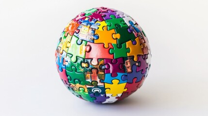 Obraz premium A powerful visual of a diverse array of colored puzzle pieces, each decorated with cultural symbols, coming together to form a complete globe