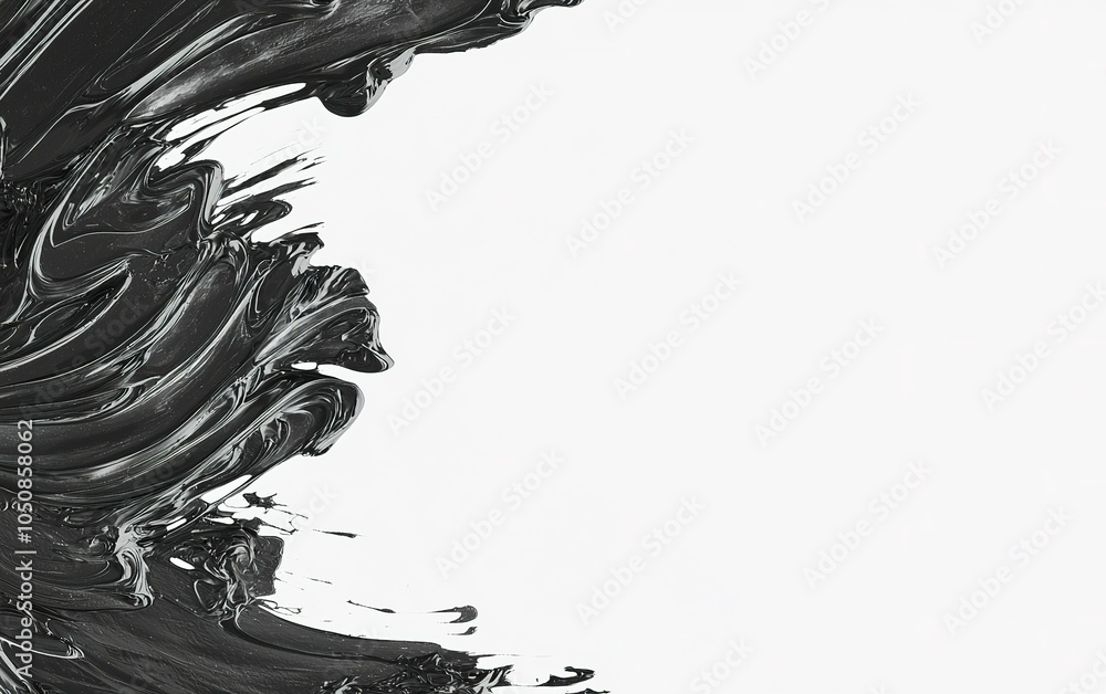 Poster abstract black paint swirling on a white background, creating a striking contrast in an artistic com