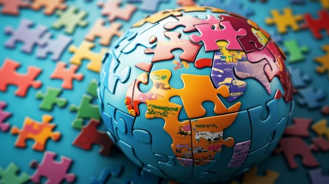 A powerful visual of a diverse array of colored puzzle pieces, each decorated with cultural symbols, coming together to form a complete globe