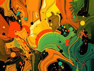 Obraz premium Colorful abstract painting featuring dynamic shapes and swirling patterns in vibrant hues with mixed textures