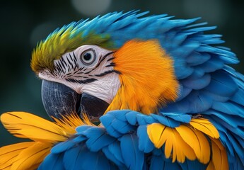 Obraz premium Vibrant blue and yellow macaw perched amidst bright tropical foliage in a lush environment