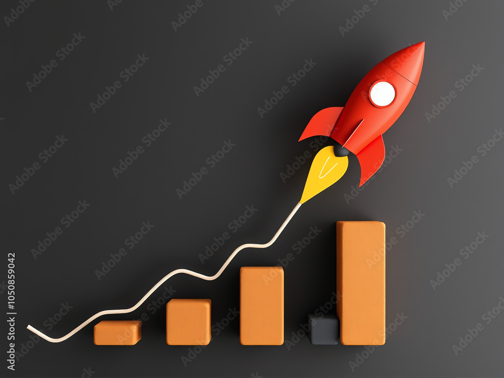 Poster a colorful rocket launching over a rising bar graph illustrating growth and success in a dynamic bus