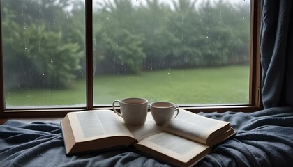 Close-up of a rainy window with raindrops trickling down, viewed against a blurred background, capturing a moody, peaceful moment.