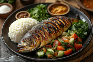 Grilled Mpasa (Lake Salmon) with Rice and Fresh Vegetable Salad on a Black Plate