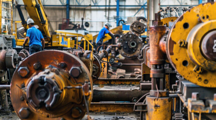 Workers engaged in heavy machinery operation in an industrial setting, showcasing teamwork and technical expertise.