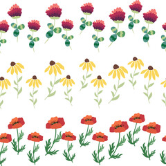 Chamomile, rudbeckia, clover, leaves, poppies, lilies of the valley, berries, tulips, assembled horizontal border seamless pattern Floral seamless border