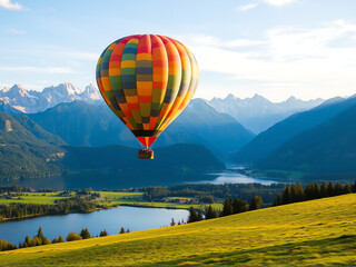 Fototapeta premium Colorful hot air balloon floating over a serene lake surrounded by mountains at sunset
