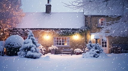 Christmas in the countryside, cottage and garden decorated for holidays on a snowy winter evening with snow and holiday lights, English country styling inspiration