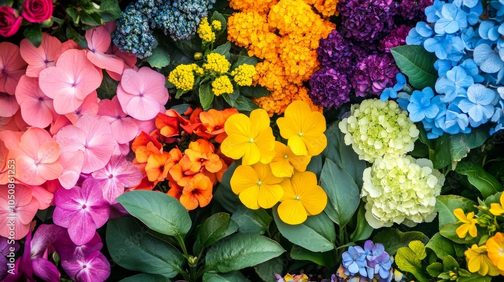 Poster a powerful visual of a vibrant spectrum of different flowers blooming together in a garden, symboliz