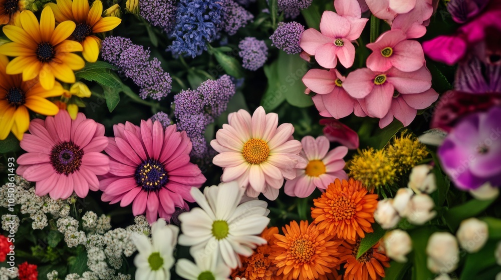 Poster a powerful visual of a vibrant spectrum of different flowers blooming together in a garden, symboliz