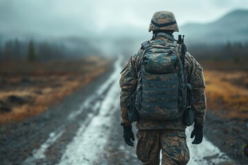 Rearview of a soldier returning home from the army, Generative AI