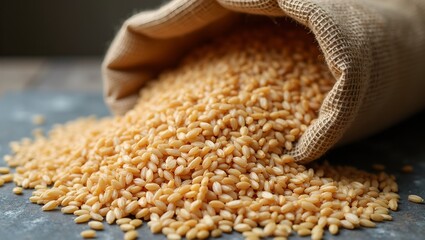 Fresh organic brown rice in burlap sack on stone counter