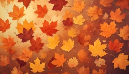 Colorful autumn leaves falling gently to the ground, showcasing vibrant reds, oranges, and yellows against a soft, blurred background of trees, capturing the essence of fall.