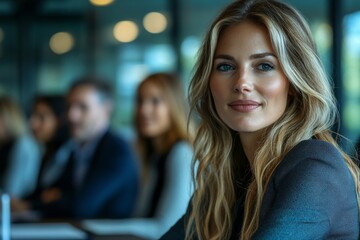 Obraz premium Professional business woman meeting with colleagues in an office boardroom, Generative AI