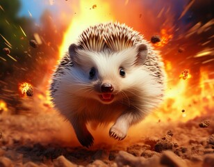 a funny and cute baby hedgehog running bravely away from a massive explosion with fiery background and scattered debris