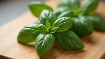 Obraz premium Fresh basil leaves on wooden cutting board vibrant green color and delicate veins visible