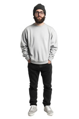 Naklejka premium Young man standing confidently in casual attire with a beard and glasses in a neutral background, exuding relaxed style and comfort