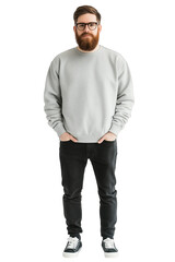 Fototapeta premium A man with glasses stands casually in a gray sweatshirt and black jeans, showcasing a relaxed style in a neutral setting