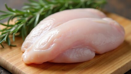 Fresh raw chicken breast on wooden board with rosemary sprigs