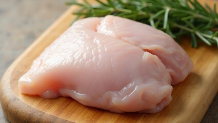 Fresh raw chicken breast on wooden board with rosemary sprigs