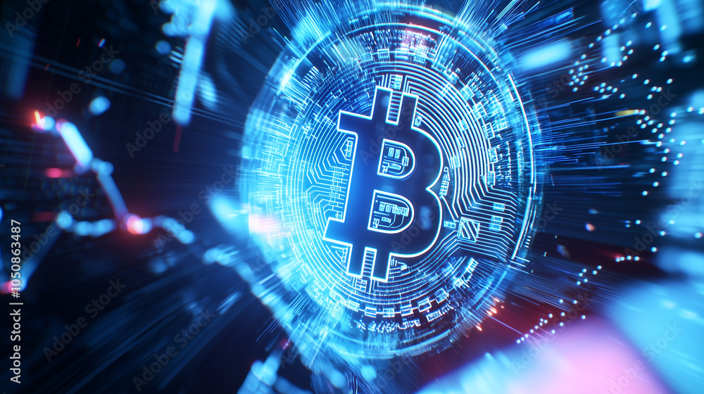 Poster futuristic cryptocurrency bitcoin with circuit patterns