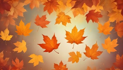 Fototapeta premium Falling autumn leaves gracefully drift down against a blurred forest backdrop, capturing the essence of the season in a warm, tranquil scene