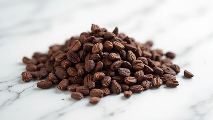 Organic cacao nibs on white marble surface highlighting their dark crunchy texture
