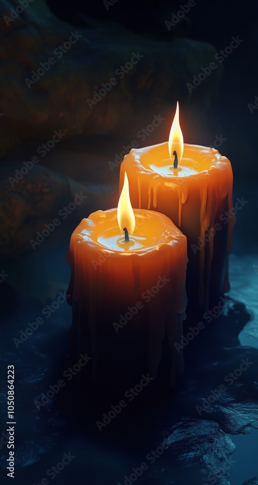 Poster soft glow of two burning candles against a dark background creating a serene atmosphere