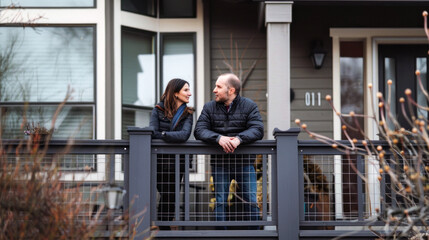 Caucasian couple enjoying a private conversation on a balcony, reflecting a moment of connection in a modern residential setting.