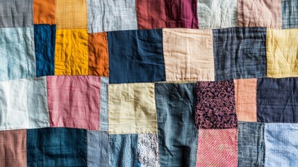A quilt of belonging, showcasing patches of different fabrics and textures sewn together against a monochromatic backdrop, photography style